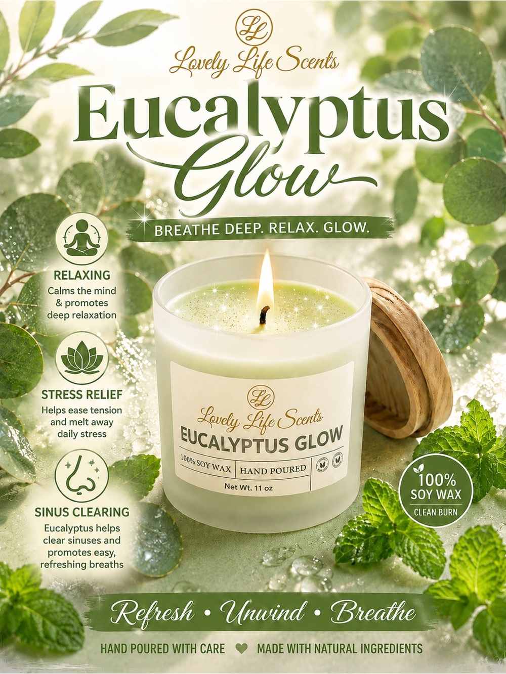 Eucalyptus Glow 11oz Premium Soy Wax Candle by Lovely Life Scents